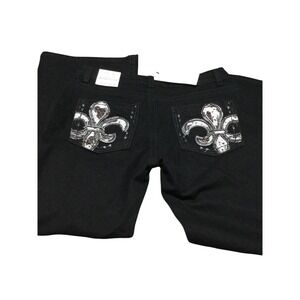 Telepatia Womens Low Rise Bootcut Jeans Black Fleur De Lis Sequin Size 11/30 NEW